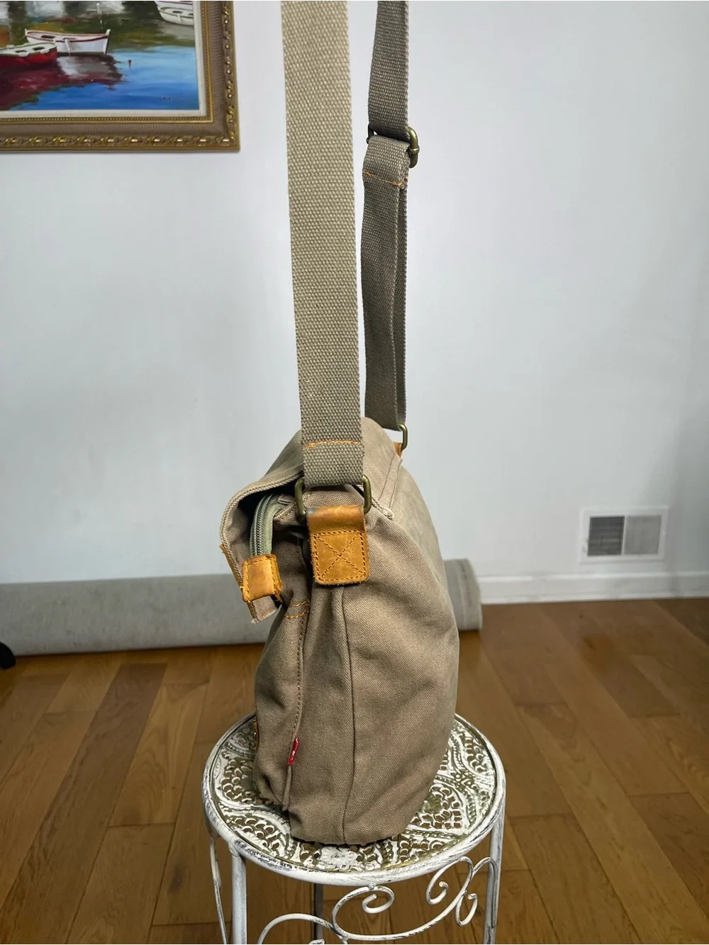 Augur Canvas Messenger Bag in Tan with Leather Trim